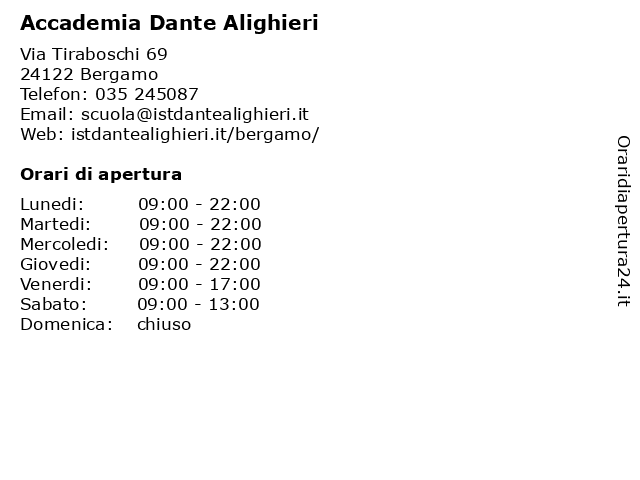 Orari di apertura Accademia Dante Alighieri Via Tiraboschi